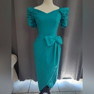 vintage 80s prom teal green cold shoulder high low dress with bow